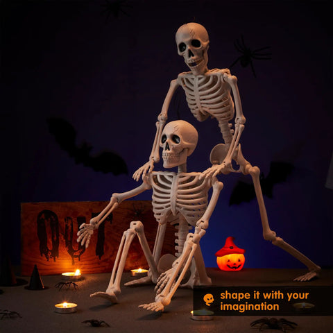 Two Pack 24 Inch Full Body Poseable Skeletons With Locking Joints For Halloween Indoor Outdoor Decor setup in spooky scene