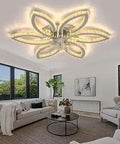 Crystal 34 Inch Bladeless Ceiling Fan With Light 6 Speed Quiet Low Profile LED Chandelier in modern living room