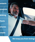Man driving car with text overlay listing contacts, passwords, banking, texts, pictures, emails; "We keep you from losing it" slogan.
