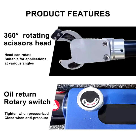 Electric Hydraulic Cable Cutter With 60KN Power showing rotating scissor head and oil return rotary switch.