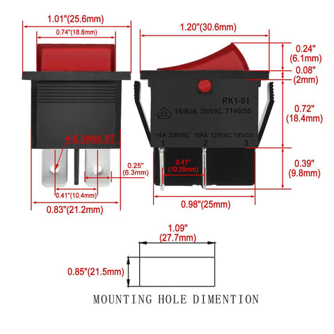Rocker Switch On Off DPST 4 Terminals With Red Indicator Light 16A 250VAC Weatherproof Cover dimensions view.