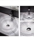 Modern Round Countertop Basin Crafted From Shatterproof Tempered Glass With Quick Pop Up Drain displayed above countertop.
