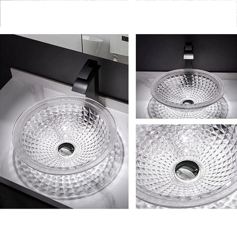Modern Round Countertop Basin Crafted From Shatterproof Tempered Glass With Quick Pop Up Drain displayed above countertop.