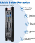 Ultra Slim 24V 400W LED Power Supply With Constant Voltage 110 To 130V AC Input 16.7A Output Aluminum Enclosure For LED Strip Lights Cabinet Lighting Signage And Display Lighting, slim black metal case with protection icons