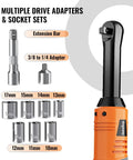 Three-Eighths Inch Cordless Electric Ratchet Wrench Set With Extended Long Neck For Deep Auto Work, a 3/8 to 1/4 adapter and sockets
