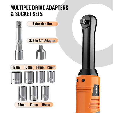 Three-Eighths Inch Cordless Electric Ratchet Wrench Set With Extended Long Neck For Deep Auto Work, a 3/8 to 1/4 adapter and sockets