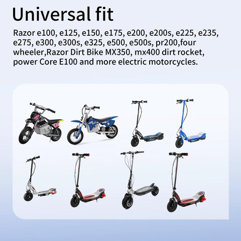Universal fit image showing various scooters and dirt bikes compatible with 24V 1.5A Replacement Go To Charger
