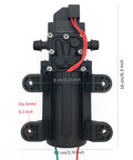 Front view of Rugged 12V DC Fresh Water Pump With 2 Hose Clamps Self Priming Diaphragm Pump Pressure Switch, dimensions labeled