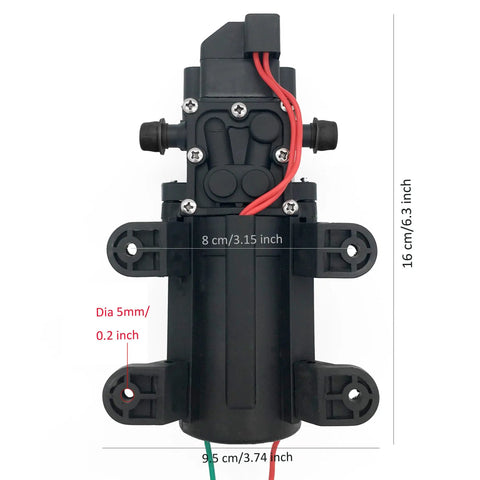 Front view of Rugged 12V DC Fresh Water Pump With 2 Hose Clamps Self Priming Diaphragm Pump Pressure Switch, dimensions labeled