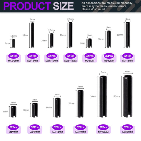 Black Metric Roll Pin Set With Storage Case 13 Sizes From M1.5 To M6 Slotted Steel Roll Pins For Automotive Repair And Mechanical Fastening Handy 415Pcs Dowel Tension Pins Kit For Pros And DIYers with size chart.