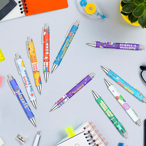 Top view of Science Theme Ballpoint Pens 10 Pack Colorful STEM Design Pens With Lab Icons Chemistry Physics Biology Patterns.