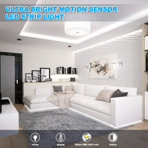 Living room with Motion Activated LED Strip Lights 16.4 Ft For Under Cabinet And Kitchen Dope Bright White Plug In 12V Rope Lights