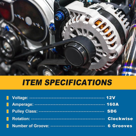 12V 160A High Output Alternator For Jeep Cherokee, Compass, Renegade 2.4L And Fiat Chrysler 200, 500X 2.4L, close-up view