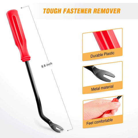 Tough fastener remover tool 8.8 inch, durable plastic handle, metal fork for easy auto trim removal in 120 Piece Universal Car Retainer Bumper Clips Push Pin Rivet Kit With Fastener Remover Tool Hella Heavy Duty Nylon Expansion Screws For Hassle Free Auto Body Trim Fixes.