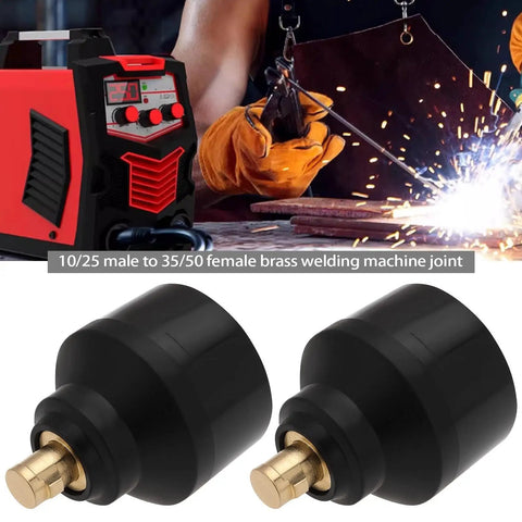2 Pack Brass Welding Adapters 10/25 Male To 35/50 Female For Welding Machines And Plasma Cutters Push Twist Lock Brass Fittings Durable 905-BIW Connector with welding machine in background