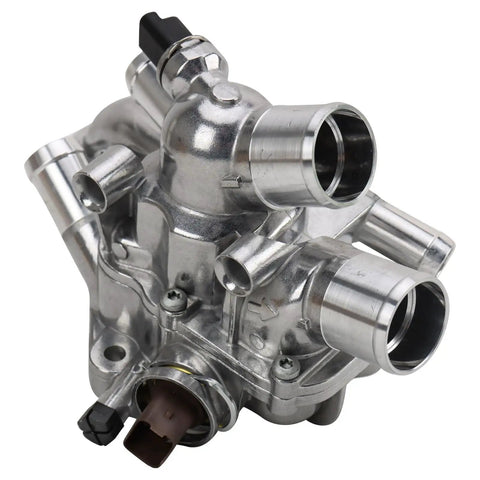 Thermostat With Housing Assembly For 2007-2013 Mini Cooper Countryman - Replacement Part, aluminum unit with multiple fittings