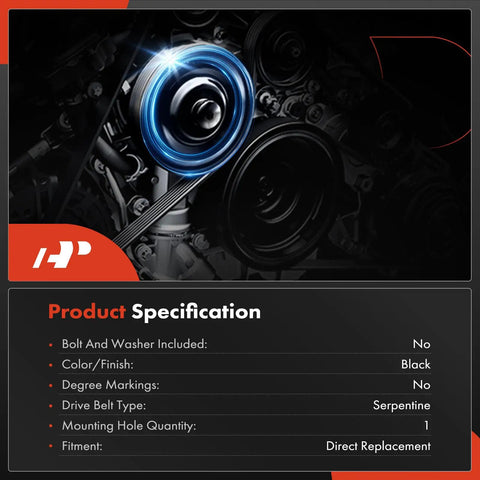 Harmonic Balancer Pulley For Mazda MX5 Miata 2006 To 2015 2.0L DOHC L4 Engine vibration dampening, black, specifications listed.