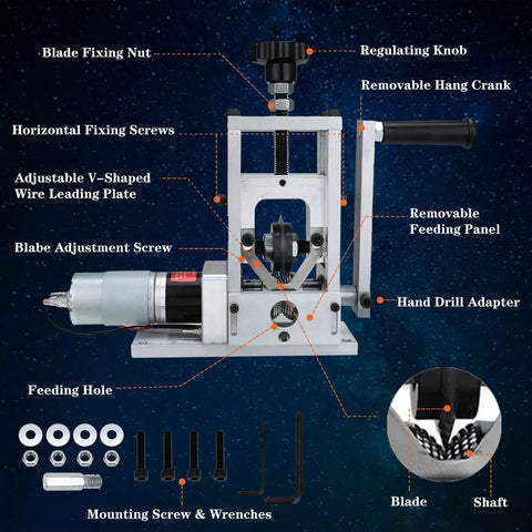 Heavy Duty Wire Stripper With Hand Crank For Manual Or Drill Auto Peeling features labeled components including adjustable settings.