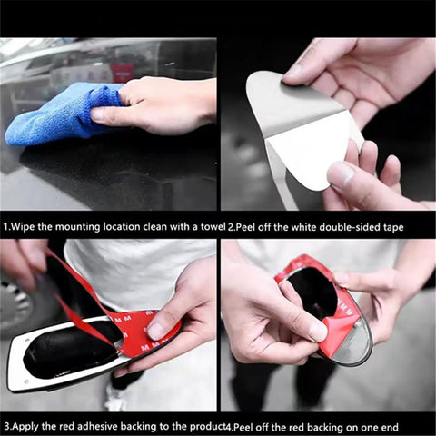 Installation process of Universal Shark Fin Antenna Cover With Adhesive Tape For Cars SUVs And Trucks Black, showing cleaning and adhesive steps.
