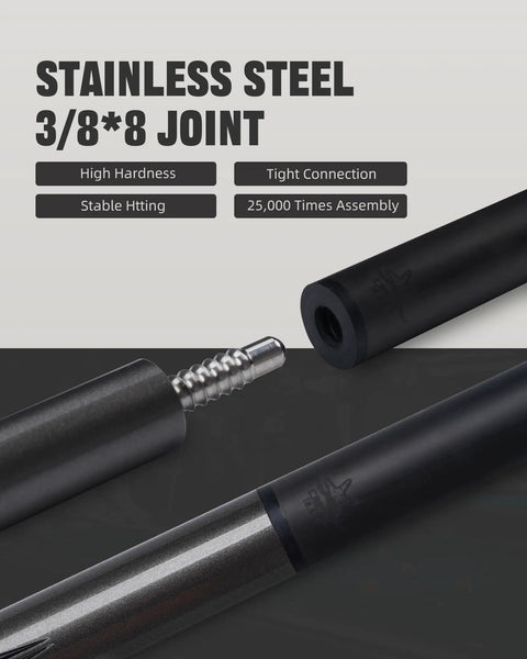 Stainless steel 3/8*8 joint connection featured in Slick Carbon Fiber Pool Cue Set Featuring Pro Taper Shaft And Low Deflection Design.