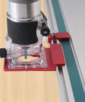 Solid Aluminum Router Guide Rail Adapter With Secure Rail Stop For Fixed Base Trim Routers on a wood surface for precision cutting.