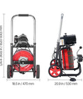 Rock Solid 100 Ft Drain Cleaner Machine 8 Cutter Sewer Snake Auger side and front view, heavy duty steel cable with cart frame.