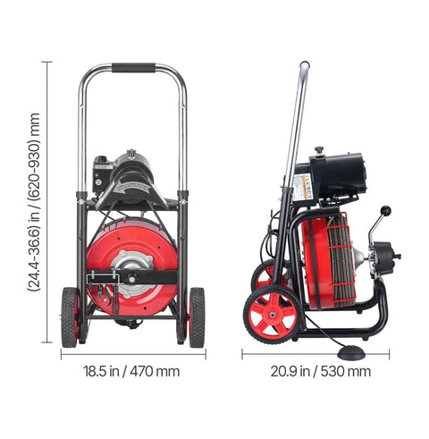 Rock Solid 100 Ft Drain Cleaner Machine 8 Cutter Sewer Snake Auger side and front view, heavy duty steel cable with cart frame.