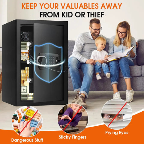Large 3.4 Cu Ft Home Safe With Fire And Water Proof, Electronic Keypad, Spare Key, shown in family room for security against theft