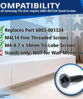 Top Shelf Replacement TV Stand Screws Compatible With Samsung 6003-001334 Metric Self Tapping Black Machine Fasteners showing M4-0.7 x 14mm screw details.
