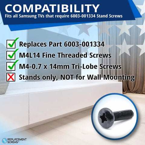 Top Shelf Replacement TV Stand Screws Compatible With Samsung 6003-001334 Metric Self Tapping Black Machine Fasteners showing M4-0.7 x 14mm screw details.