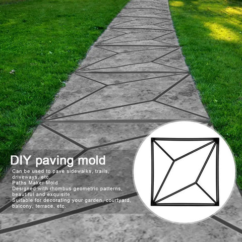 DIY Friendly Rhombus Pattern Stone Mold Paving Molds For Concrete Walkways And Garden Paths Reusable 16 x 16 x 1.6 Inch Stepping Stone Paver Kit For Patio Lawn Driveway And Outdoor Decor displayed on a garden path.