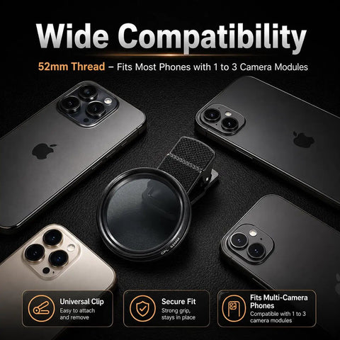 52mm Clip On CPL Phone Camera Lens Filter Kit For iPhone Models 11 Through 17 Circular Polarizer Filter next to phones