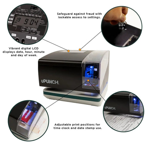 Zero Drama Digital Time Clock And Date Stamp Bundle Includes 100 Time Cards And Heavy Duty Rack features LCD display and adjustability.