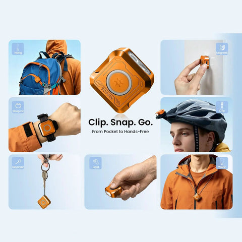 SE1 Keychain Flashlight Compact 300 Lumen EDC Light With UV Light And RGB Modes shown in multiple uses on backpack, wrist, helmet.