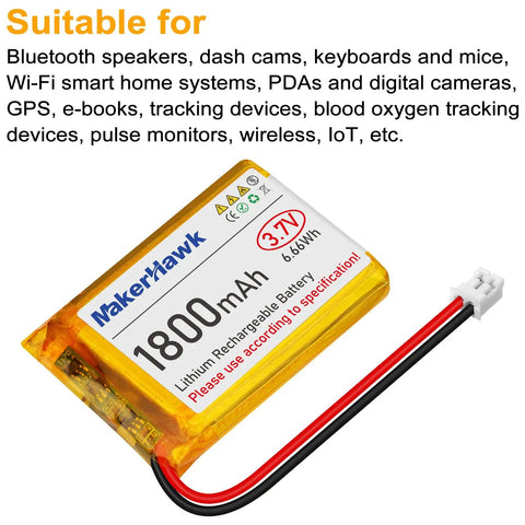 Two-Pack 3.7V 1800mAh LiPo Battery With JST 2.0 Plug shown with yellow wrapping and white connector