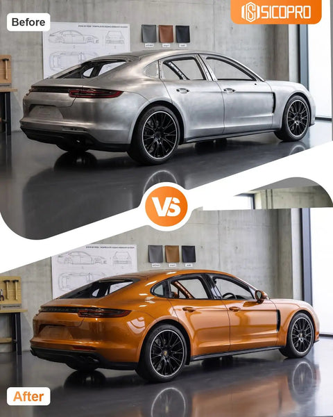 Comparison of a sleek car before and after spray paint, showcasing Pro Grade HVLP Auto Paint Spray Gun Knocking Out Slick Glass Finish With Precision Micron Atomization For Quick Garage Hot Rod Touch Ups Featuring Ten Spill Proof Disposable Cups For Stress Free Weekend Wrenching.