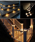 Low Voltage IP65 Waterproof Half Moon LED Step Lights illuminating decks and pathways, creating warm white glow on stairs at night.
