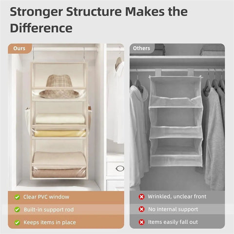 3 Tier Hanging Closet Organizer With Adjustable Detachable Shelves And Clear Window Panels For No Sweat Storage Socks Hats Gear Clean And Crisp Quick Grab Setup shows side-by-side comparison, highlighting clear PVC window and built-in support rod.