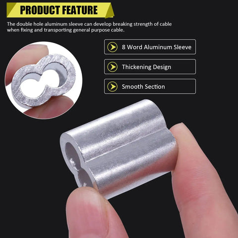 Close-up of Eight Size Aluminum Crimping Loop Sleeve Set for Wire Rope and Cable 1.2 mm to 6 mm, showing aluminum sleeve detail.