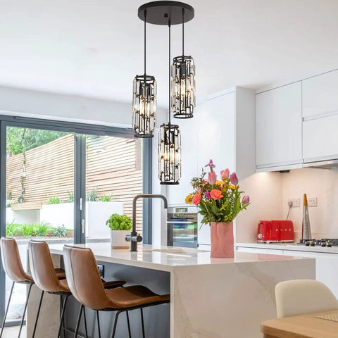 Three Light Black Pendant Light Fixture With Crystal Beads For A Modern Kitchen Island Dining Room And Bedroom Upgrade