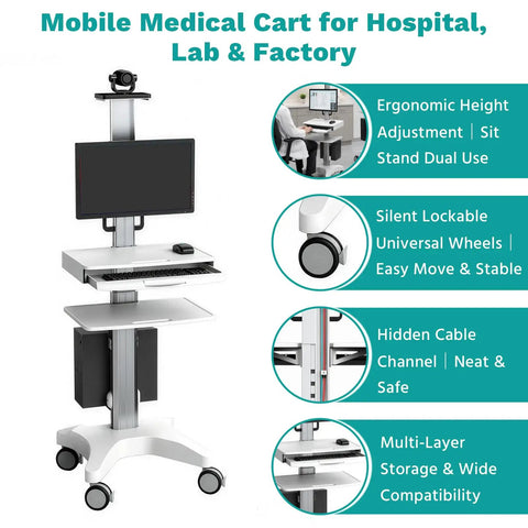Game Changer Height Adjustable Medical Computer Cart With Sturdy Monitor Mount And Smooth Ride Wheels Top Shelf Sit Stand Mobile Workstation With Hassle Free Cable Routing For Hospital Rounds And Clinic Duties. Ergonomic medical mobile cart with monitor mount and silent wheels.