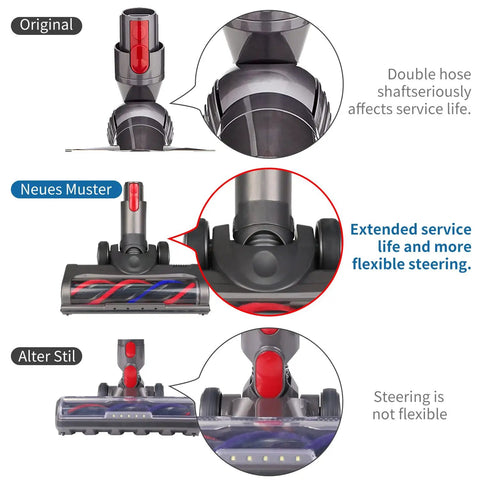 Comparison of Dyson Soft Roller Vacuum Brush For V7 V8 V10 V11 V15 Hardwood Floor Attachment shaft flexibility and steering