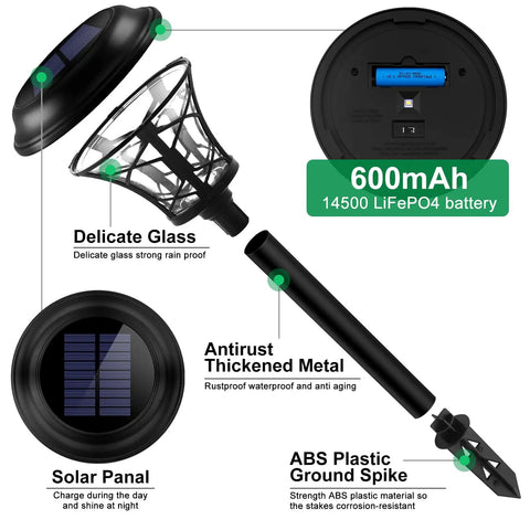 Components of 8 Pack Solar Pathway Lights Outdoor 19.8 Inch Tall Metal LED Landscape Lighting With Waterproof Diamond Glass Shade Auto On Off For Yard Walkways Sidewalks Black