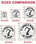 Three Pack It Should Work In Theory Stickers Set Funny Engineering Robot Arm Theme sizes comparison for mechanical engineers.
