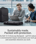 Sustainable Laptop Backpack Engineered For 16 Inch Devices Holds 18 Liters Of Top Grade Gear While Delivering Water Resistant Durability And Smooth Daily Vibes on a desk near two people working.