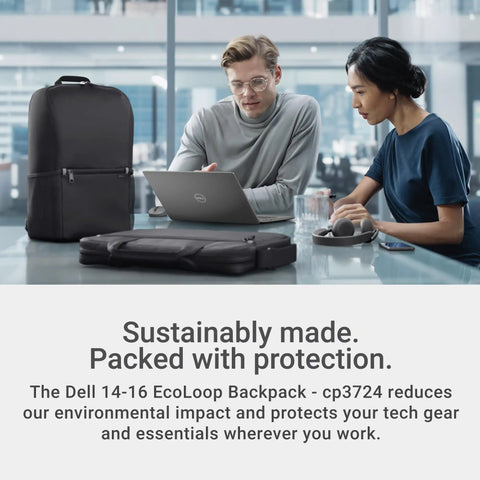 Sustainable Laptop Backpack Engineered For 16 Inch Devices Holds 18 Liters Of Top Grade Gear While Delivering Water Resistant Durability And Smooth Daily Vibes on a desk near two people working.