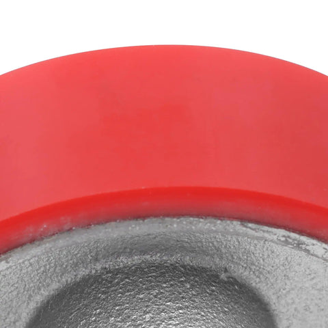 Close-up of Kickass 4 Inch Caster Wheels 4 Pack With Locking Brakes, heavy duty polyurethane wheel with red tread.