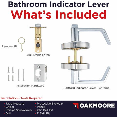 Bathroom indicator lever with installation kit including removal pin, adjustable latch, screws, and chrome door handle.