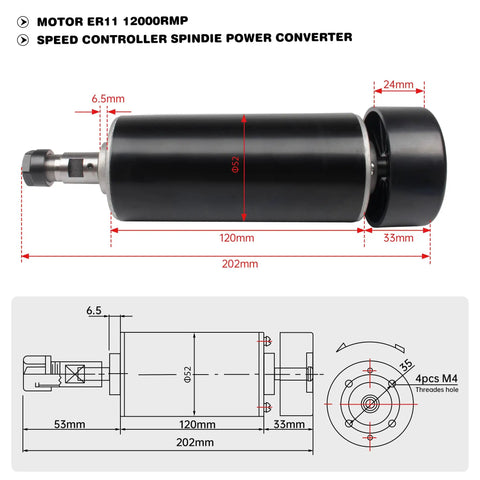 Beefy 500W Spindle Motor For CNC Router, Air Cooled ER11, showing 52mm shaft, 202mm length, with technical diagram