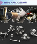 Four Pack 1.05 Inch T Bolt Hose Clamps 304 Stainless Steel Heavy Duty Turbo Intake Clamp With Flanging Design shown in various views.